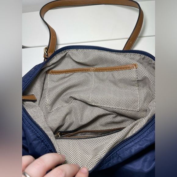 Simon’s Navy Medium Size Nylon Faux Leather shoulder Tote Handbag - Picture 11 of 13